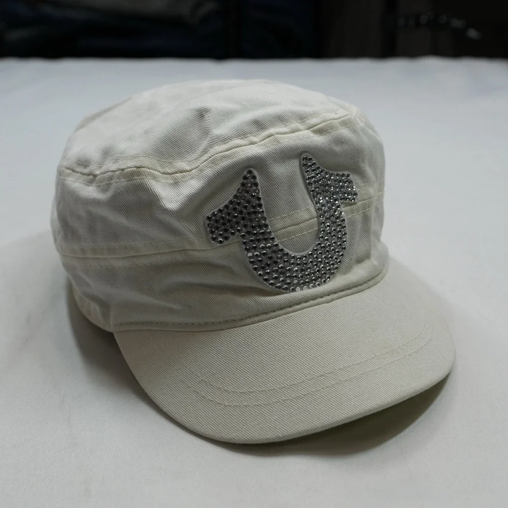 True Religion white cadet military cap featuring a studded horseshoe logo One Sz
